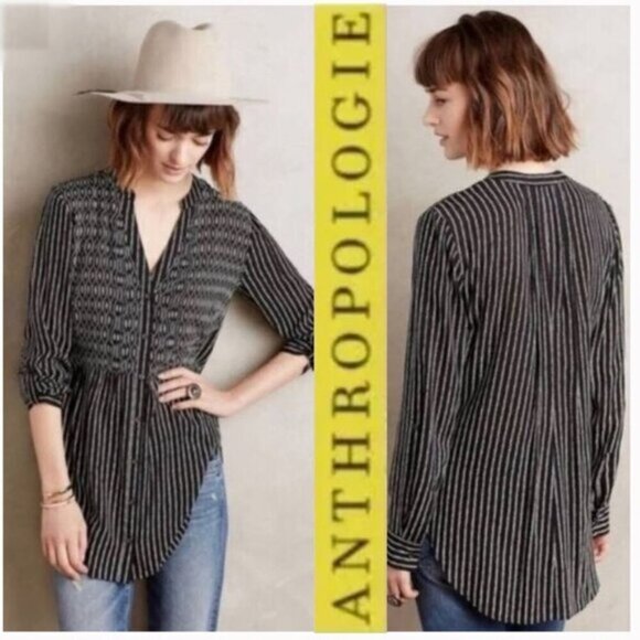 Anthropologie Maeve Button Down Shirt Calia black white printed size 6 - Picture 1 of 16